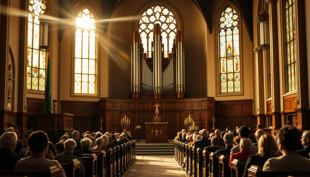A spacious Lutheran church sanctuary, illuminated by warm natural light streaming through large stained-glass windows. In the foreground, a pulpit and altar stand resplendent, adorned with intricate carvings and rich fabrics. Worshippers fill the elegant wooden pews, their faces tranquil and reverent as they participate in the service. The middle ground features a grand pipe organ, its pipes reaching up towards the vaulted ceilings. The background depicts a serene, contemplative atmosphere, with soft shadows and muted tones creating a sense of timeless spirituality.