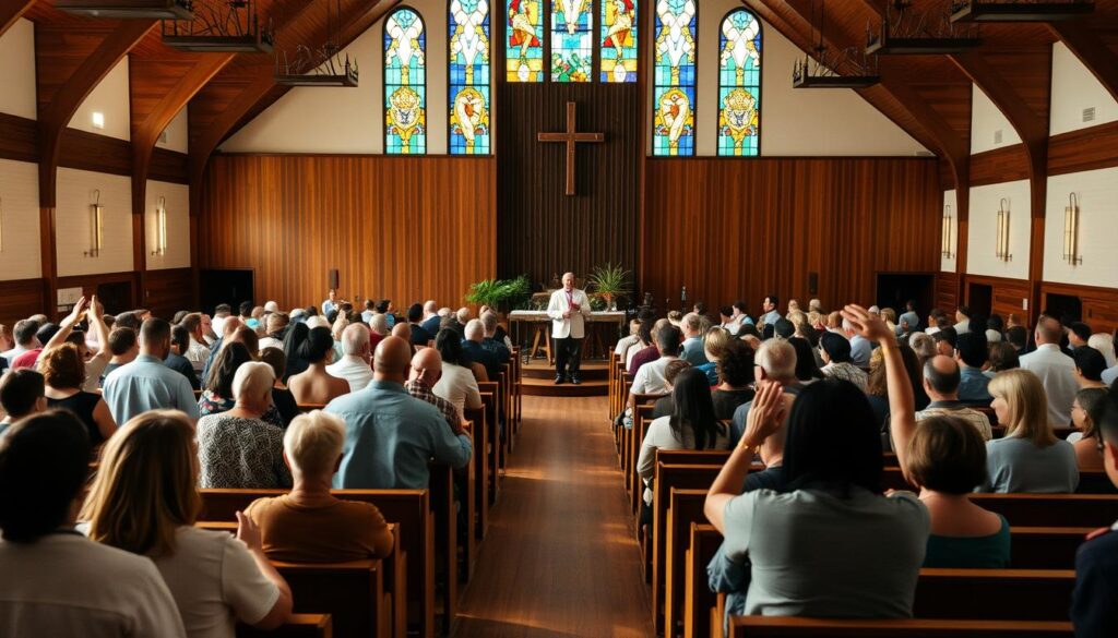 A spacious sanctuary filled with natural light, rows of wooden pews facing a central stage adorned with a simple cross. Congregants of diverse backgrounds gather, some bowing their heads in reverent prayer, others raising their hands in joyful worship. The atmosphere is serene yet uplifting, as the soulful melodies of a choir and the resonant voice of a minister echo through the hall. In the background, stained glass windows cast a kaleidoscope of colors, creating a sense of sacred tranquility. This is a community event, a worship service that celebrates the strength and unity of the Protestant Church, fostering a deep connection between the faithful.