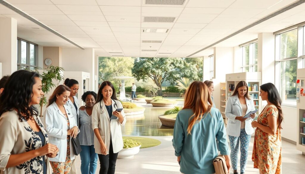A spacious, well-lit medical center with a welcoming atmosphere. In the foreground, a diverse group of women of different ages and ethnicities engaged in various healthcare activities, such as consultations, check-ups, and wellness classes. The middle ground features modern, state-of-the-art equipment and facilities, including examination rooms, diagnostic imaging suites, and a pharmacy. The background showcases a serene, park-like setting with lush greenery and soothing water features, creating a calming, holistic environment. The lighting is warm and natural, with large windows allowing ample sunlight to flood the space. The overall mood is one of comfort, care, and empowerment, reflecting the comprehensive range of women's healthcare services provided.