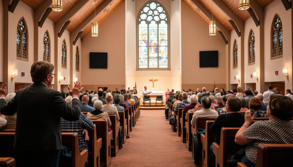 A spacious, well-lit sanctuary filled with diverse worshippers, all seated comfortably in accessible pews. Soft, warm lighting casts a serene glow, accentuating the intricate stained-glass windows. In the foreground, a sign-language interpreter stands beside the pulpit, conveying the sermon with expressive gestures. Wheelchair-accessible ramps lead to the altar, where an inclusive communion service is underway. The atmosphere is one of inclusivity and reverence, where all are welcomed to experience the sacred rituals of the Lutheran faith.