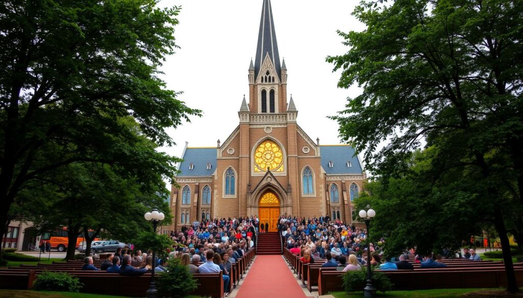 A sprawling Protestant church nestled in the heart of Halifax, its grand spire and ornate architecture capturing the essence of the city's rich spiritual heritage. The interior bathed in warm, inviting light, pews filled with a diverse congregation engaged in heartfelt worship, their voices echoing through the soaring vaulted ceilings. The scene exuding a sense of community, tradition, and deep-rooted faith that has sustained this sacred space for generations. Lush, verdant trees frame the exterior, lending a serene, park-like ambiance to the church grounds, inviting passers-by to pause and reflect on the spiritual tapestry that defines this vibrant Halifax neighborhood.
