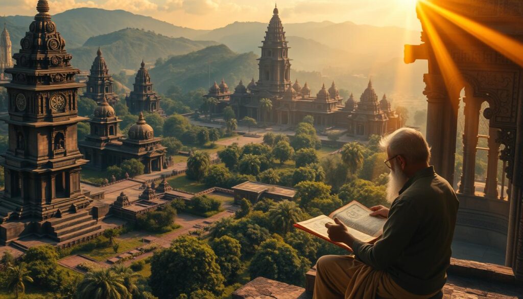 A sprawling ancient temple complex, its intricate architecture a testament to the deep-rooted traditions of Vedic astrology. Towering stone structures, adorned with celestial motifs and zodiac symbols, cast long shadows across a lush, verdant landscape. In the foreground, a learned scholar pores over ancient manuscripts, tracing the mystical connections between the heavens and the earth. Beams of warm, golden light filter through ornate windows, illuminating the scene with a sense of timeless wisdom and spiritual contemplation. The atmosphere is one of reverence and discovery, inviting the viewer to unravel the historical tapestry of this profound astrological tradition.