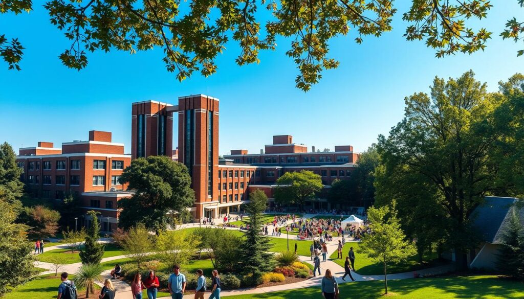 A sprawling campus of modern academic buildings nestled amid lush greenery, framed by a clear blue sky. In the foreground, students stroll along tree-lined paths, engaged in animated discussions. The mid-ground reveals a bustling quad, with clusters of young scholars studying or socializing. Towering brick structures housing state-of-the-art facilities stand tall, their architectural details casting intricate shadows. Warm sunlight filters through the canopy, creating a welcoming, vibrant atmosphere. The scene conveys a sense of community, growth, and the pursuit of knowledge within this exceptional educational institution.