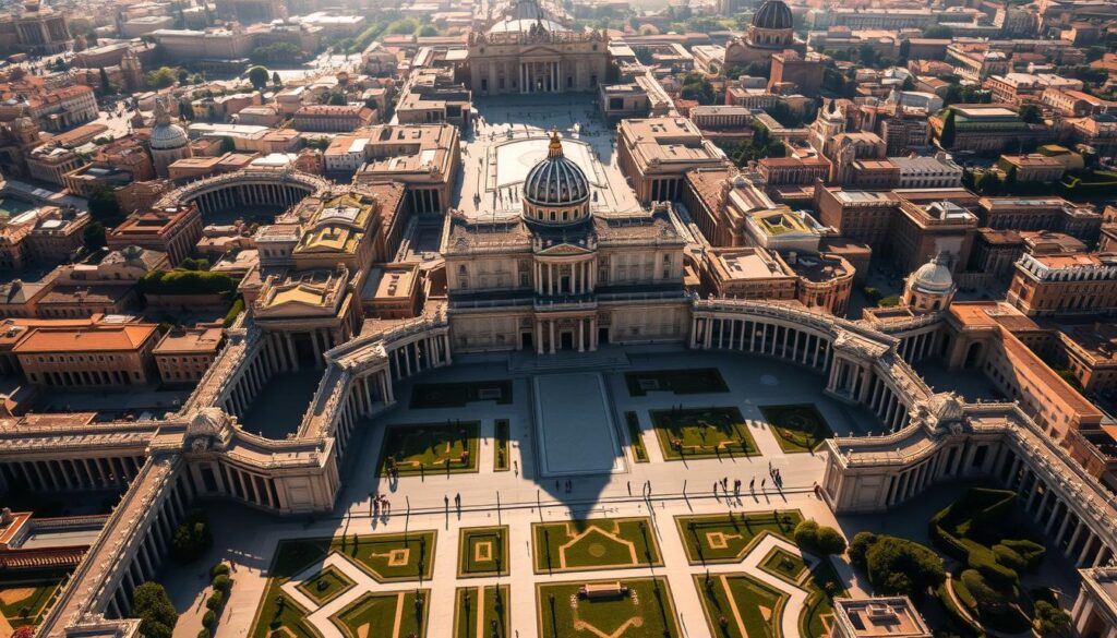 A sprawling, grand administrative complex of the Vatican City, with its iconic domed basilicas, ornate facades, and manicured gardens. The scene is captured from an elevated perspective, highlighting the intricate layout and organizational hierarchy of the Church's governing structures. Warm, golden lighting filters through the archways, casting dramatic shadows and emphasizing the grandeur of the architecture. The image conveys a sense of authority, tradition, and the far-reaching influence of the Catholic Church's administrative center.