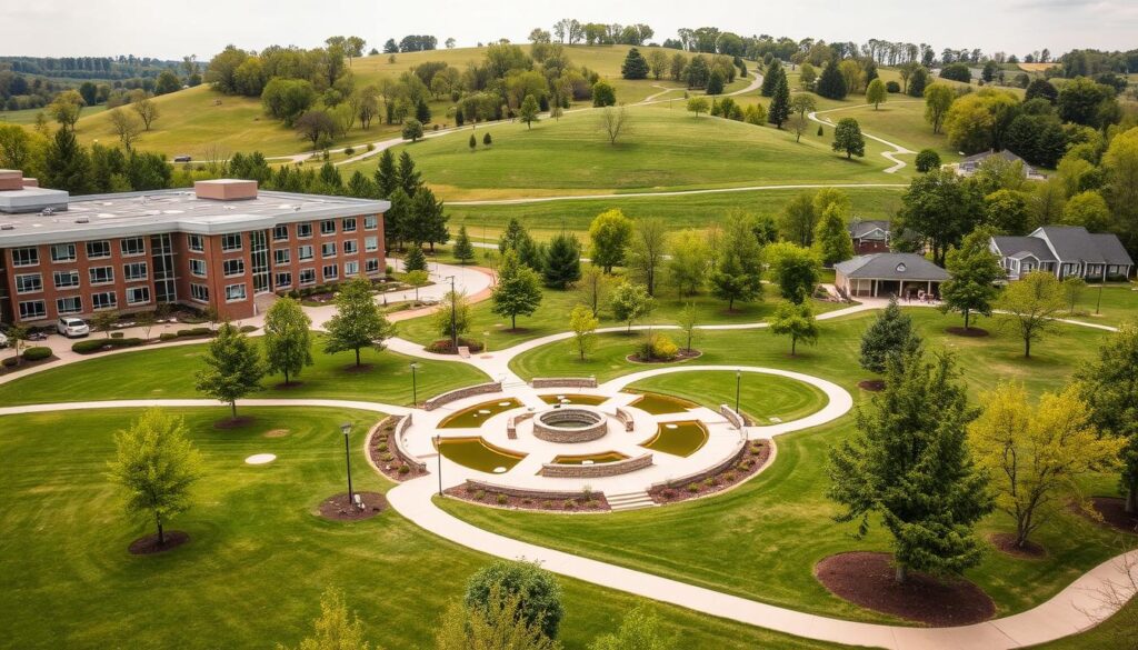 A sprawling senior community campus nestled in the heart of Arlington Heights. A serene, well-manicured landscape with lush greenery and winding paths, inviting residents to explore. In the foreground, a modern, multi-story building with a warm, welcoming facade, its large windows casting a soft, natural light. The middle ground features a tranquil courtyard, complete with benches and water features, where seniors can gather and socialize. In the background, a gently rolling hill dotted with mature trees, creating a picturesque, pastoral setting. The overall atmosphere exudes a sense of comfort, dignity, and community, perfectly suited for a Lutheran nursing home providing compassionate care for the golden years.