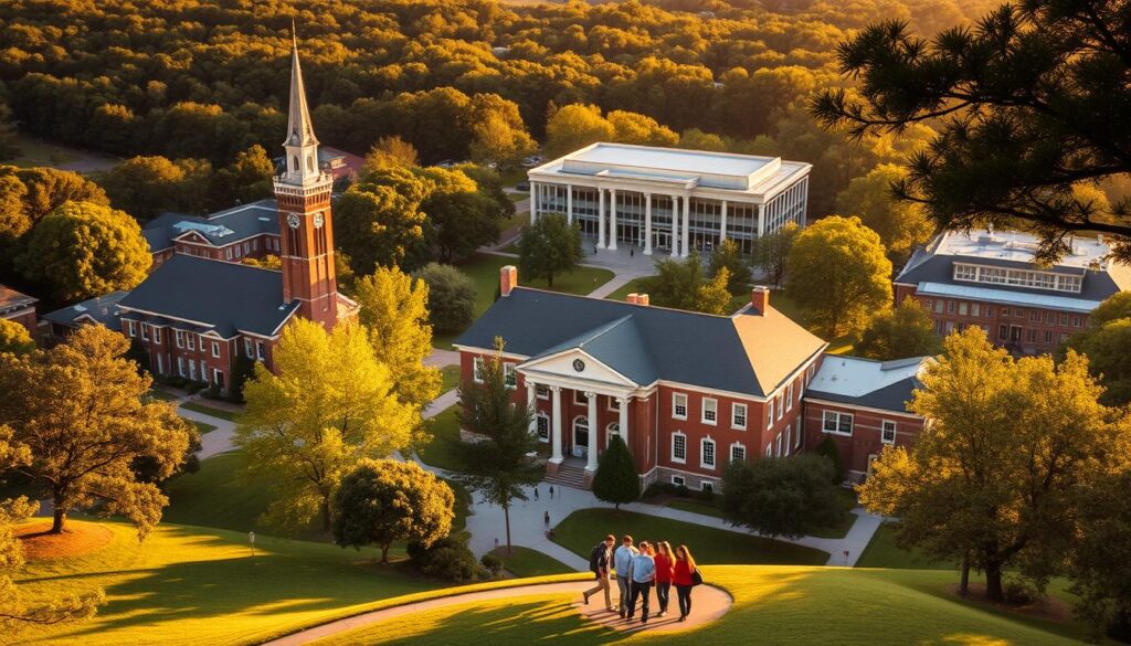 A sprawling university campus nestled amidst lush greenery, with stately brick buildings and towering spires casting long shadows in the golden hour light. In the foreground, a group of students stroll along a winding path, engaged in lively discussion. The middle ground showcases a grand, neoclassical-style administrative building, its facade adorned with intricate architectural details. In the background, a new state-of-the-art academic facility rises, its modern glass and steel structure blending seamlessly with the traditional campus aesthetic. The scene conveys a sense of progress and evolution, as the Lutheran Theological Southern Seminary adapts to meet the needs of a changing world while honoring its rich heritage.