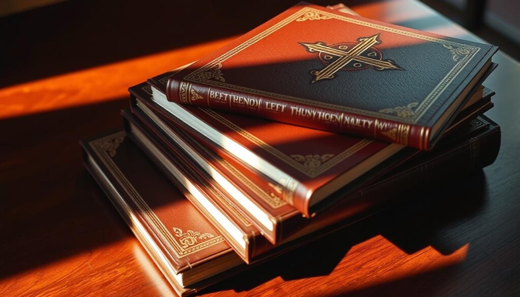 A stack of hardcover theological journals, their covers showcasing intricate foil-stamped designs against a rich, leather-like texture. The latest issue rests atop, its cover featuring an ornate cross motif in a sophisticated color palette. Warm, directional lighting casts subtle shadows, evoking a sense of scholarly gravitas. The journals are arranged on a polished, mahogany-toned table, exuding an air of reverence and intellectual rigor. The scene is captured from a slightly elevated perspective, allowing the viewer to appreciate the carefully curated layout and the prestigious nature of the publication.