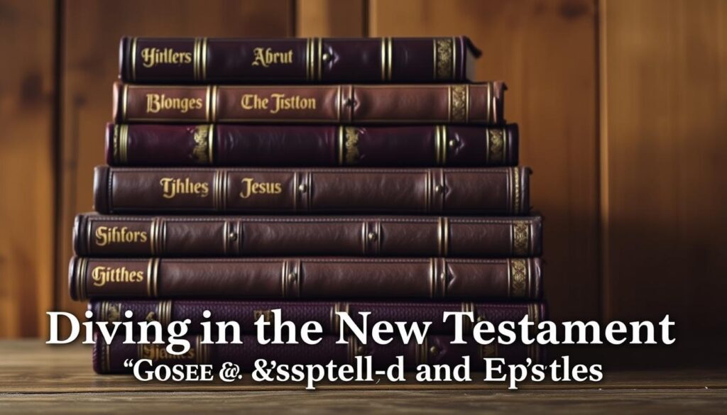A stack of leather-bound books, the covers emblazoned with gold lettering, arranged in a neat row against a warm, wooden backdrop. The books are illuminated by soft, diffused lighting, casting gentle shadows and highlights that accentuate their intricate details. In the foreground, a subtle vignette draws the viewer's attention to the central subjects, while the background is subtly blurred, creating a sense of depth and focus. The overall composition evokes a sense of reverence and scholarly contemplation, perfectly suited to illustrate the "Diving into the New Testament: Gospels and Epistles" section of the article.