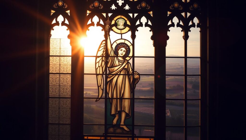 A stained-glass cathedral window depicting a symbolic figure of religious liberty, illuminated by warm, filtered sunlight. In the foreground, an angelic figure holds aloft a torch, symbolizing the light of faith and justice. The middle ground features intricate architectural details, with columns and arches that suggest the enduring strength of religious institutions. In the background, a serene landscape of rolling hills and a distant horizon, conveying a sense of tranquility and the timeless nature of the struggle for religious freedom.
