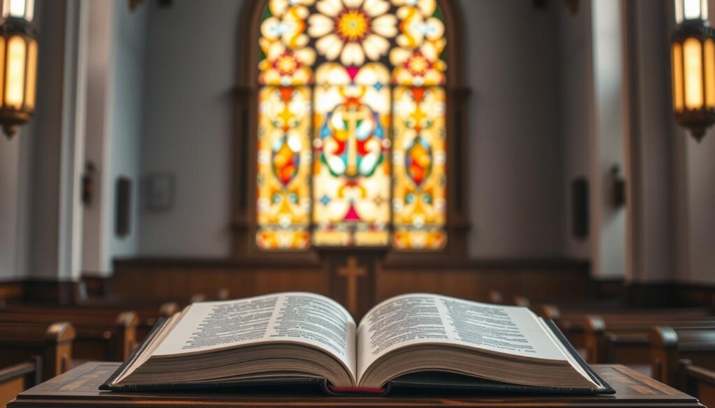 A stained glass window adorns the center of the frame, its intricate patterns casting a warm, reverent glow. In the foreground, an open book lies atop a podium, its pages fluttering as if animated by the weight of centuries-old doctrine. The background is a serene, contemplative space, with wooden pews and a pulpit hinting at the solemn rituals performed within. The lighting is soft and diffused, evoking a sense of reverence and contemplation. The overall atmosphere is one of thoughtful, scholarly examination of the foundations that shape religious views on same-sex unions.