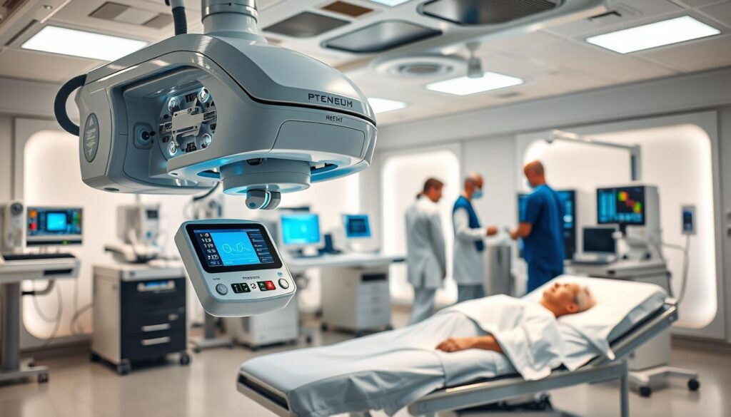 A state-of-the-art medical facility filled with cutting-edge technology. In the foreground, a sleek and futuristic patient treatment device hovers above a reclined chair, its intricate mechanisms and touchscreen controls showcasing its advanced capabilities. In the middle ground, a team of attentive healthcare professionals monitor patient vitals and adjust settings on a array of high-tech medical equipment. The background is bathed in a soft, calming glow, creating an atmosphere of comfort and care. Crisp, clean lighting illuminates the scene, highlighting the precision and innovation of the medical technologies on display.