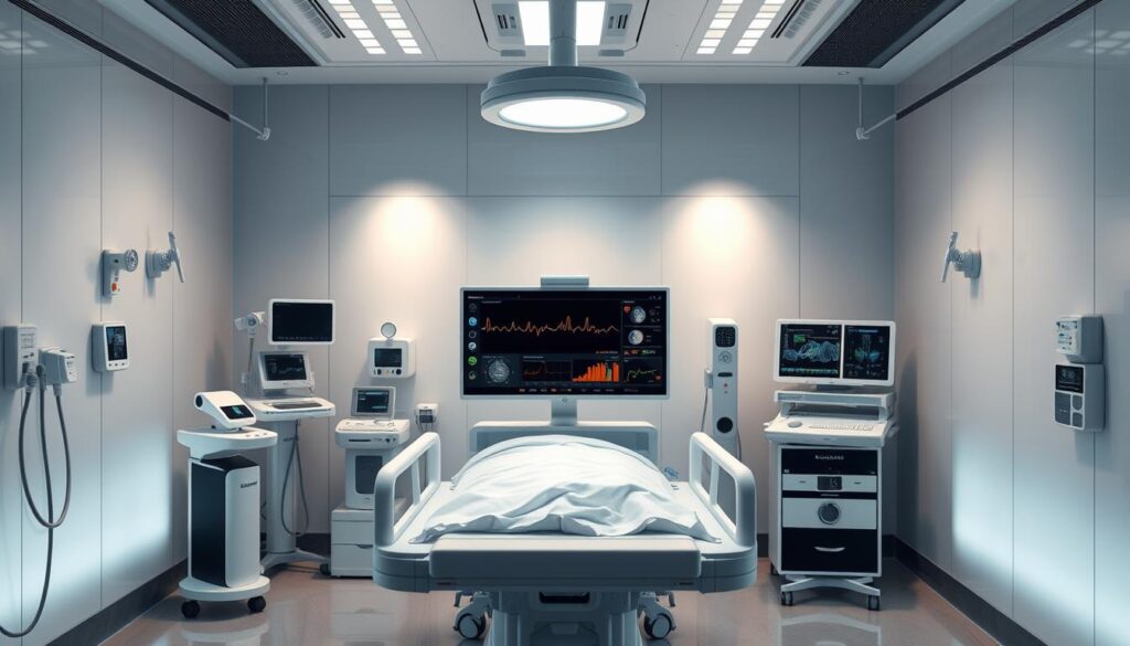 A state-of-the-art medical workspace bathed in soft, diffused lighting. At the center, an advanced patient monitoring station with sleek, minimalist displays showcasing vital signs and diagnostic data. Surrounding it, a symphony of cutting-edge technologies - robotic assistants, 3D imaging systems, and voice-controlled interfaces. The atmosphere is serene, calming, and infused with a sense of reassurance and care. The scene exudes a forward-thinking, patient-centric ethos, where the latest innovations seamlessly enhance the quality of healthcare delivery.