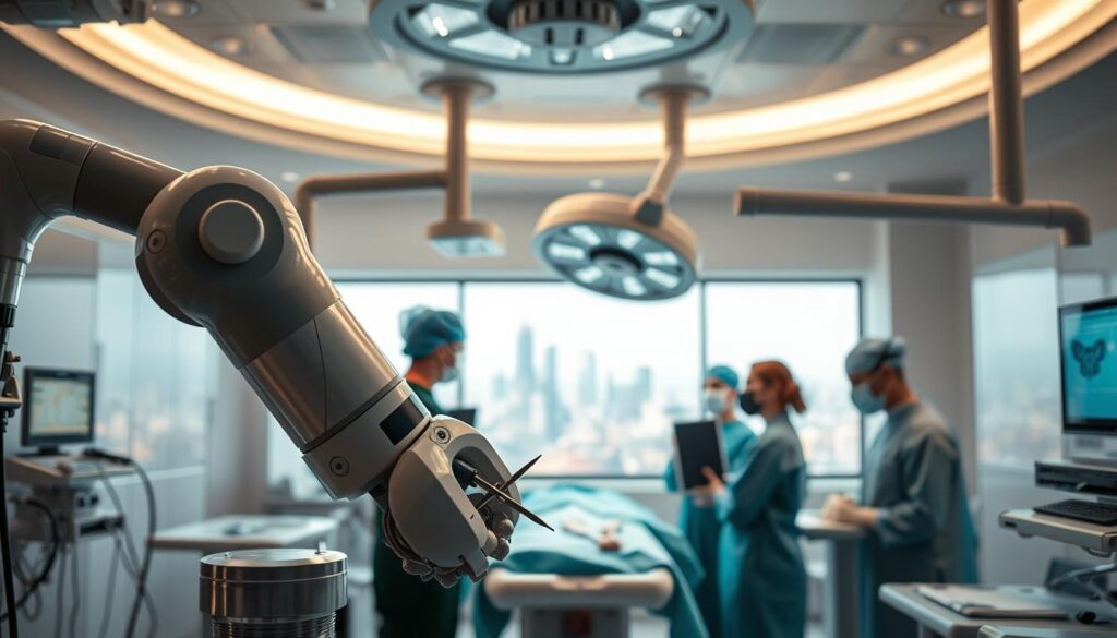 A state-of-the-art surgical suite, bathed in soft, diffused lighting that casts a warm glow over the gleaming, cutting-edge medical instruments. In the foreground, a robotic arm precisely manipulates delicate surgical tools, its movements guided by the skilled hands of a surgeon peering intently through a high-resolution display. In the middle ground, a team of medical professionals monitor vital signs and coordinate their efforts, their faces reflecting a sense of focused determination. The background reveals a panoramic view of the city skyline, a testament to the hospital's commitment to innovation and excellence in the heart of the urban landscape.