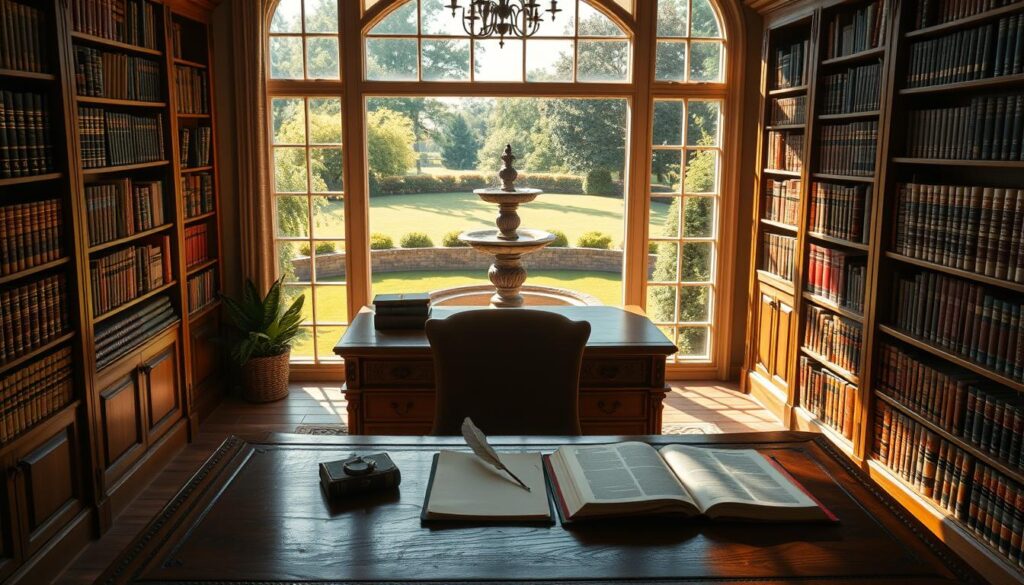 A stately, faith-inspired estate planning office overlooking a peaceful, sun-dappled garden. The room is filled with natural light, casting a warm, reverent glow. An ornate wooden desk takes center stage, flanked by floor-to-ceiling bookshelves brimming with leather-bound volumes. On the desk, a delicate quill pen and an open ledger await the thoughtful decisions of a faithful steward. Through the large windows, a manicured lawn and a stone fountain come into view, symbolizing the tranquility and permanence of a life well-lived and generously shared.