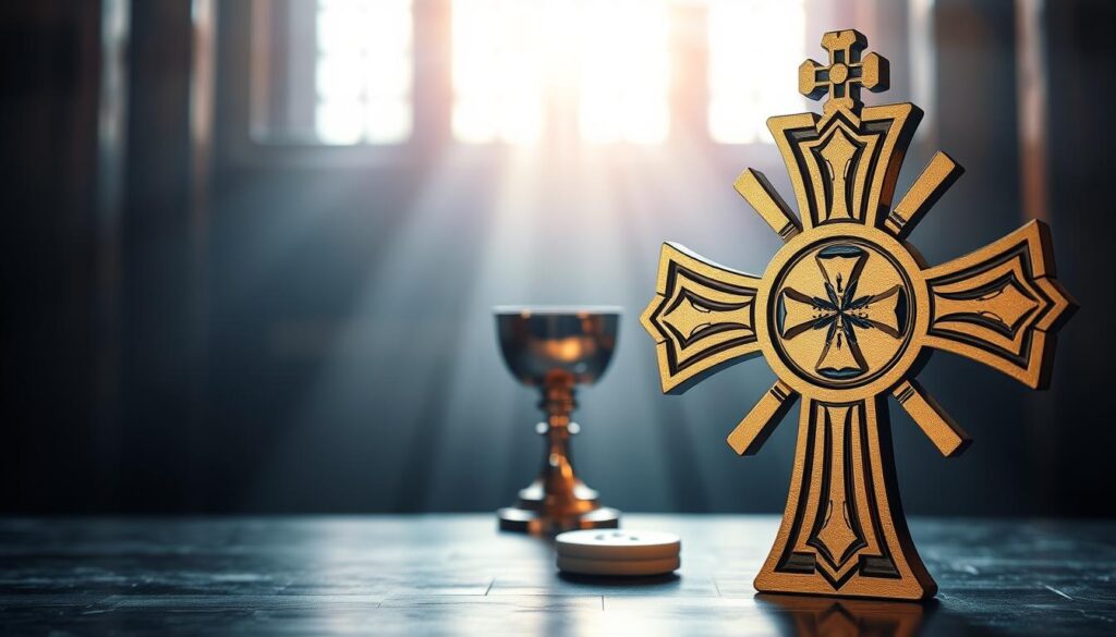A striking theological composition of Lutheranism's iconic symbols. In the foreground, a majestic Luther's Rose - a bold, golden cross emblazoned with a black eagle, symbolizing the Lutheran faith. In the middle ground, a gleaming chalice and communion wafer, embodying the sacraments. The background is a serene, contemplative space, illuminated by soft, ethereal lighting, evoking the spiritual depth and devotion of the Lutheran tradition. The overall scene conveys a sense of reverence, tradition, and the profound significance of Lutheranism's core theological principles.