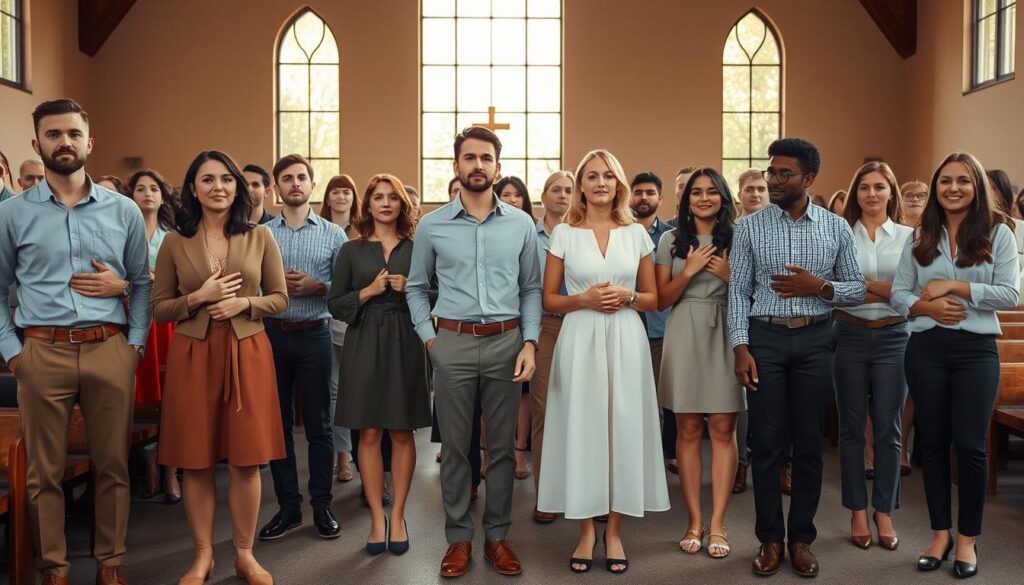 A stylish congregation stands in a modern Protestant church, bathed in warm natural light from large windows. The worshippers wear a variety of contemporary attire - crisp button-down shirts, tailored dresses, and sleek slacks in muted tones. Subtle patterns and textures add visual interest, while simple, clean-lined silhouettes convey an air of reverence and devotion. Accessories like leather belts, delicate jewelry, and well-polished shoes complete the refined, yet comfortable aesthetic. The overall impression is one of thoughtful, tasteful worship, where the focus is on the spiritual experience rather than outward appearance.