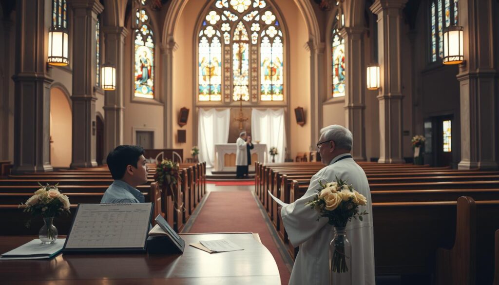 A sunlit Catholic church interior, the altar draped in elegant white linens. In the foreground, a couple sits at a wooden desk, discussing wedding plans with a kindly priest. Stained glass windows cast warm hues, illuminating their faces. On the desk, a calendar, a list of readings, and a vase of fresh flowers. In the background, rows of polished oak pews await the ceremony. The atmosphere is one of reverence, tradition, and joyful anticipation.