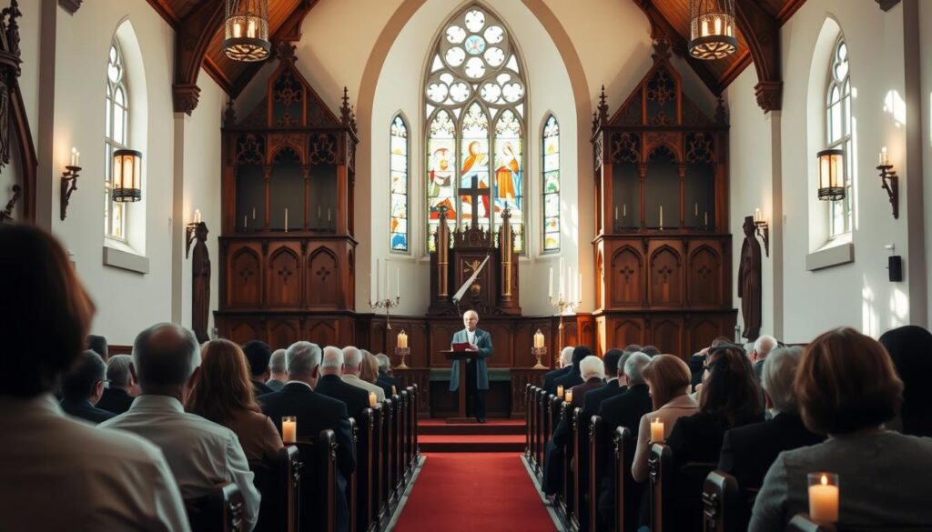 A sunlit Lutheran church interior, the altar and pulpit at the center, adorned with ornate wooden carvings and stained glass. In the pews, worshippers dressed in formal attire reverently listen to the pastor's sermon, their faces serene. Soft organ music fills the air, complemented by the gentle flickering of candles. The atmosphere is one of solemn contemplation, a sense of tradition and devotion palpable throughout the space.