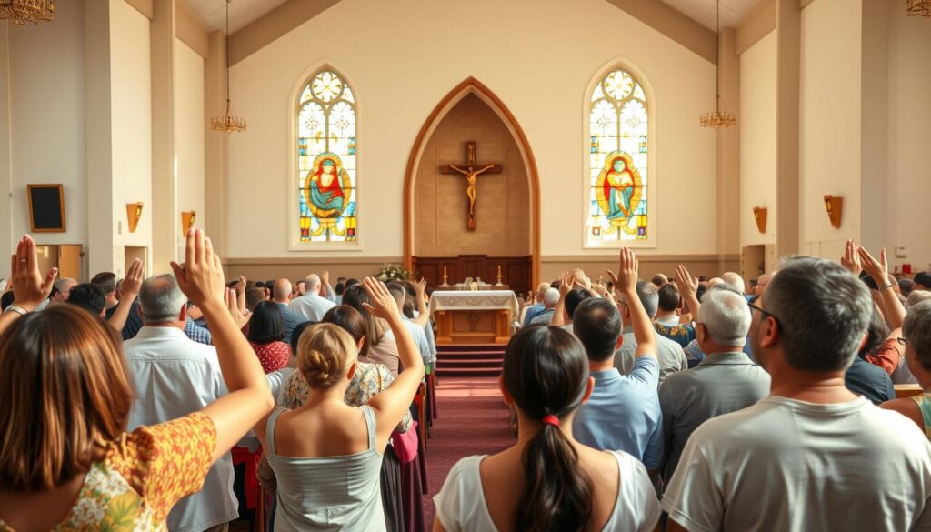 A sunlit, airy Lutheran church sanctuary filled with a diverse congregation engaged in a multilingual worship service. In the foreground, people of various ages and ethnicities stand together, their hands raised in reverent praise. The middle ground features a pulpit and altar adorned with simple, elegant decor, while the background showcases stained glass windows casting warm, colorful light throughout the space. An atmosphere of unity, inclusivity, and devotion permeates the scene, capturing the spirit of an inspiring Lutheran community worship experience.