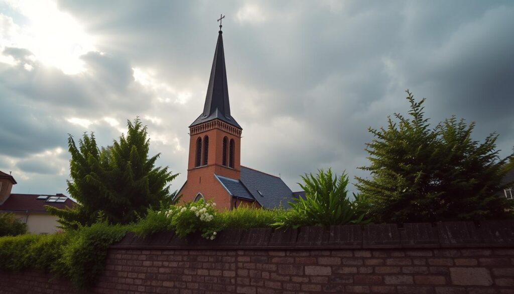 A sunlit church steeple rises majestically against a cloudy sky, its spire pointing heavenward. In the foreground, a weathered stone wall surrounds the church grounds, evoking a sense of history and tradition. Lush greenery frames the scene, hinting at the vibrant community that gathers within. The architecture blends classic European design with a sense of reverence and purpose, inviting contemplation of the church's enduring mission and vision. Soft, warm lighting bathes the entire composition, creating an atmosphere of tranquility and spiritual reflection.