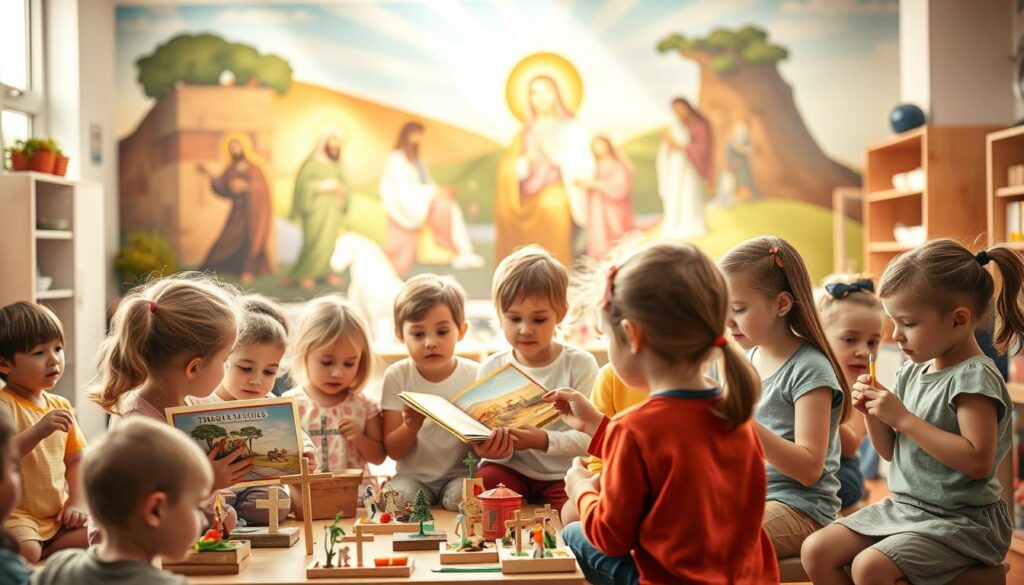 A sunlit classroom filled with children engaged in faith-based activities. In the foreground, a group of young students gathered around a teacher, their faces alight with wonder as they explore a book about biblical stories. In the middle ground, smaller clusters of children create crafts and drawings inspired by religious themes, their small hands carefully constructing miniature crosses and dioramas. The background showcases a vibrant mural depicting scenes from the life of Christ, casting a warm, reverent glow over the entire scene. The lighting is soft and natural, enhancing the sense of tranquility and spiritual exploration. The composition is balanced, with the children's activities arranged in a harmonious, organic manner, conveying a peaceful and nurturing atmosphere of faith formation.