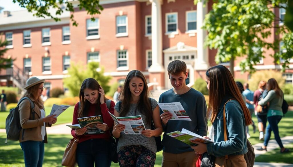 A sunny, welcoming campus with a stately brick building in the background. In the foreground, a group of prospective students and their families engaged in the admissions process - consulting with a friendly admissions counselor, reviewing campus maps, and exploring brochures showcasing the university's programs and facilities. Mid-ground features students leading a campus tour, animatedly describing the state-of-the-art science labs and cozy dorm rooms. The scene radiates a sense of discovery, possibility, and the warm collegiate atmosphere that draws students to this institution. Soft, natural lighting highlights the vibrant greenery and architecturally impressive campus. A sense of excitement and anticipation pervades the frame, capturing the pivotal moment of a campus visit during the admissions journey.
