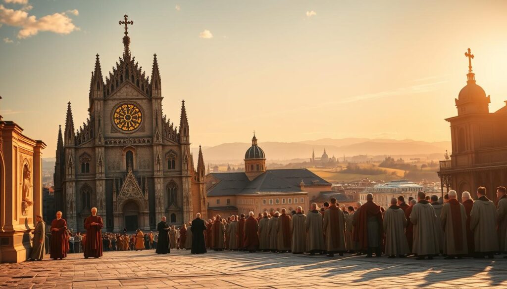 A sweeping historical scene of the Roman Catholic Church's evolution, bathed in a warm, golden light. In the foreground, a grand cathedral with ornate, Gothic architecture stands tall, its stained glass windows glowing. In the middle ground, robed figures gather, representing the clergy and faithful. In the background, rolling hills and a distant skyline hint at the expansion of the Church across Europe over the centuries. The composition conveys a sense of grandeur, tradition, and the enduring influence of Catholicism.