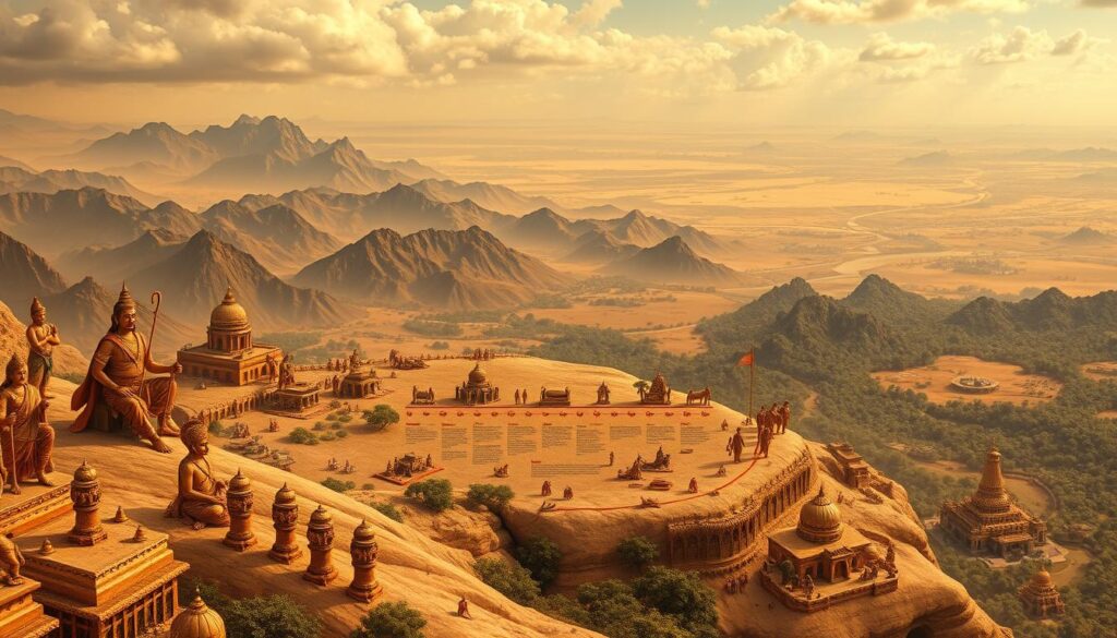 A sweeping timeline of Hindu history, unfolding across a vast, ancient landscape. In the foreground, key figures and landmarks of Hinduism's evolution, rendered in a classic artistic style with warm, muted tones. The middle ground features a timeline of events, denoted by ornate icons and symbols, while the background showcases a panoramic view of the Indian subcontinent, with towering mountains, lush forests, and sacred rivers. The image conveys a sense of timelessness and reverence, inviting the viewer to explore the rich tapestry of Hindu history and its enduring influence.