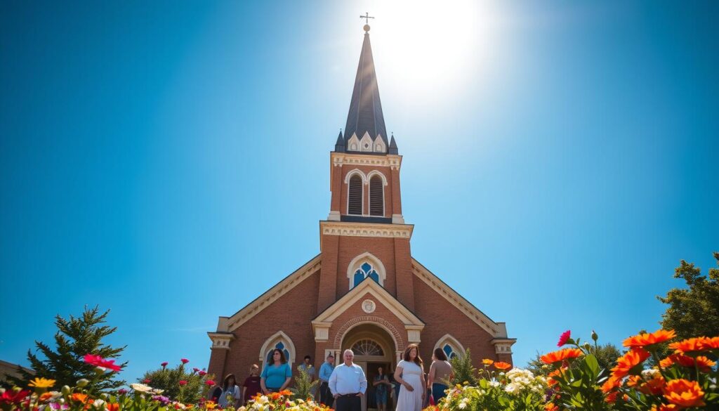 A tall, majestic church steeple rises against a vibrant, azure sky, its spire reaching towards the heavens. The façade of the church is adorned with intricate architectural details, casting warm, golden light across the scene. In the foreground, a well-tended garden blooms with colorful flowers, symbolizing the nourishment and growth of the faithful community. A group of people, their faces filled with reverence and purpose, gather at the church's entrance, embodying the spirit of worship, fellowship, and service that defines this sacred space. Soft, directional lighting illuminates the scene, creating a sense of tranquility and devotion, as if the church itself is a beacon guiding the faithful on their spiritual journey.