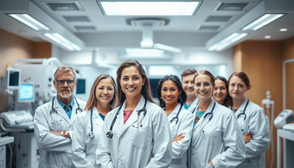 A team of expert physicians and healthcare providers in a modern medical clinic. Depicted in a bright, well-lit environment with a warm, professional atmosphere. Subjects wear pristine white coats, stethoscopes, and display an air of expertise and compassion. Subjects positioned in the foreground, with a blurred background showcasing state-of-the-art medical equipment and facilities. Subjects making eye contact with the viewer, conveying a sense of approachability and dedication to patient care. Soft, diffused lighting from overhead sources, creating an inviting and reassuring ambiance. Captured with a wide-angle lens to emphasize the team dynamic and collaborative nature of the medical practice.
