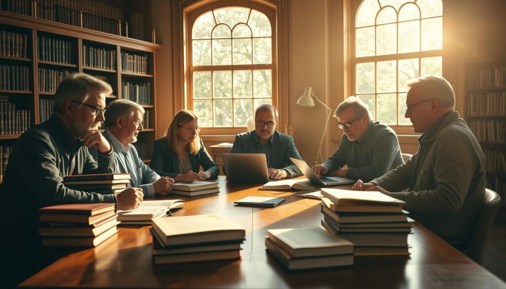 A team of scholarly Lutheran editors gathered around a polished oak table, deep in contemplation. Warm, natural lighting filters through large windows, casting a serene ambiance. In the foreground, their faces are thoughtful and engaged, surrounded by stacks of books, journals, and laptops - the tools of their intellectual labor. The background features bookshelves filled with tomes, hinting at the depth of their knowledge and the breadth of the Lutheran tradition they represent. An air of academic rigor and spiritual purpose permeates the scene, reflecting the editorial excellence and community engagement that define Lutheran scholarship.