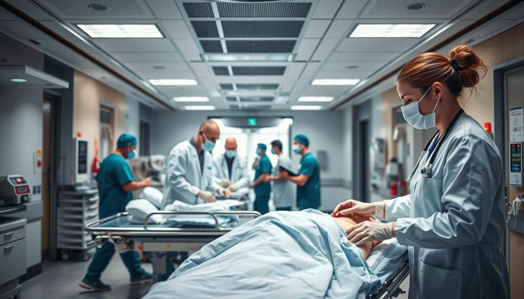 A team of trauma care specialists working in the emergency department of Lutheran General Hospital. In the foreground, a doctor and nurse attending to a patient on a gurney, administering emergency medical care with precision and expertise. In the middle ground, other medical staff members move urgently, conveying the sense of a high-stakes, fast-paced environment. The background features the clean, modern aesthetic of the hospital's emergency wing, with advanced medical equipment and technology. Bright, directional lighting illuminates the scene, creating a sense of urgency and focus. The overall mood is one of professionalism, competence, and a commitment to providing the highest quality of emergency care.