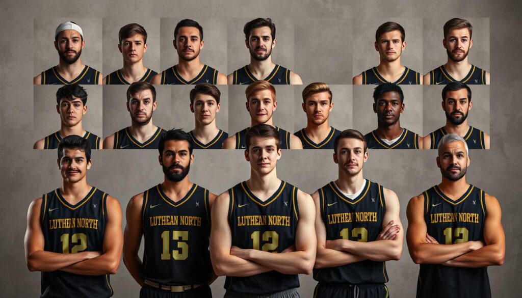 A team roster profile page, showcasing the players and coaches of the Lutheran North basketball squad. Arranged in a clean, grid-like layout, each individual portrait is captured with a professional studio lighting setup, using a medium-length telephoto lens to accentuate facial features. The players are dressed in their game uniforms, exuding an air of determination and camaraderie. The background is a neutral, subtly textured canvas that allows the subjects to stand out. The overall mood is one of pride and anticipation, setting the stage for the upcoming season. Crisp, high-resolution imagery with a touch of cinematic flair, perfectly suited to highlight the dedicated team behind the Lutheran North basketball program.