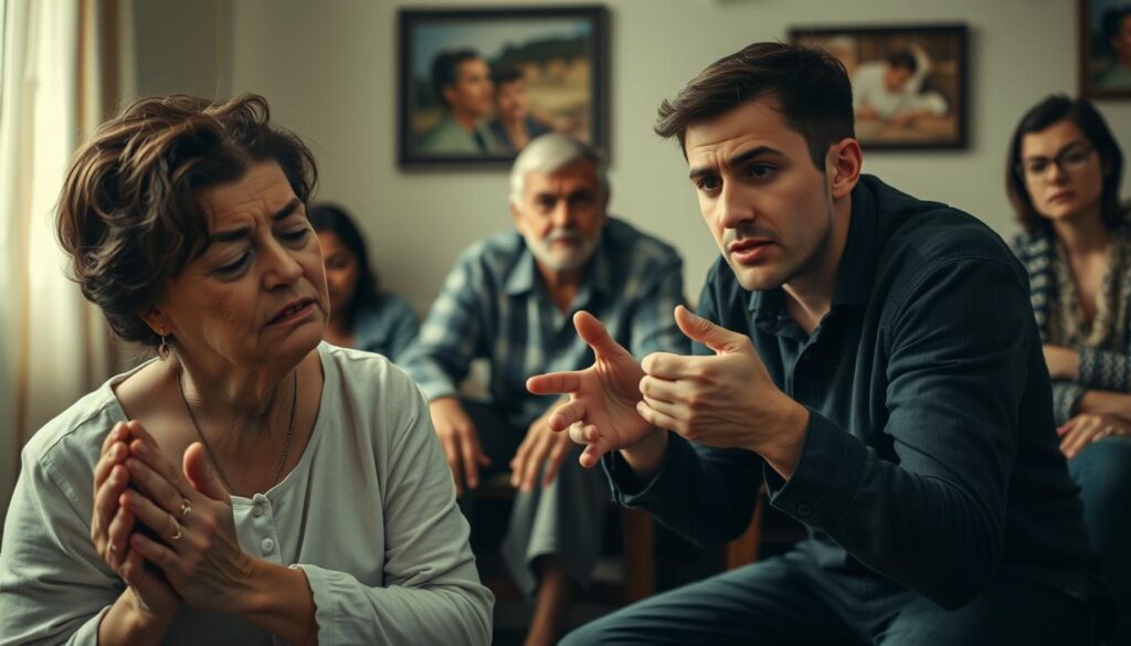 A tense family gathering, as members of a devout Catholic household struggle to reconcile their differing beliefs. In the foreground, a middle-aged woman kneels in prayer, her face etched with concern. To her side, a young man gestures emphatically, his expression one of frustration. In the background, other relatives sit silently, their body language reflecting the unease that permeates the room. Soft, muted lighting casts dramatic shadows, adding to the sense of emotional intensity. The scene is captured through a wide-angle lens, emphasizing the distance and disconnect between the figures, mirroring the religious divide that threatens to tear this family apart.