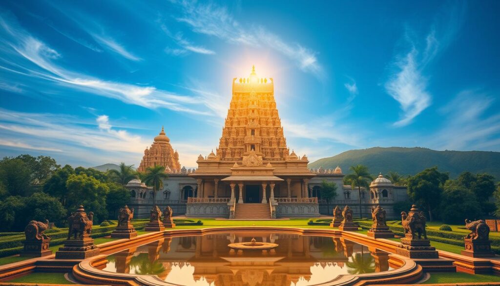 A towering Hindu temple rises from a lush, verdant landscape, its intricate spires and ornate facades bathed in warm, golden light. The building's symmetrical, mandala-like layout reflects the sacred geometry at the heart of Hindu cosmology, with each architectural element evoking the interconnectedness of the physical and spiritual realms. In the foreground, a tranquil reflection pool mirrors the temple's ornate silhouette, creating a sense of harmony and balance. The middle ground features elaborately carved stone figures and mythological motifs, while the background is filled with wispy clouds and a deep azure sky, conveying a sense of timelessness and the divine. This image captures the profound spiritual significance and breathtaking beauty of a sacred Hindu temple, inviting the viewer to contemplate the mysteries of the cosmos.