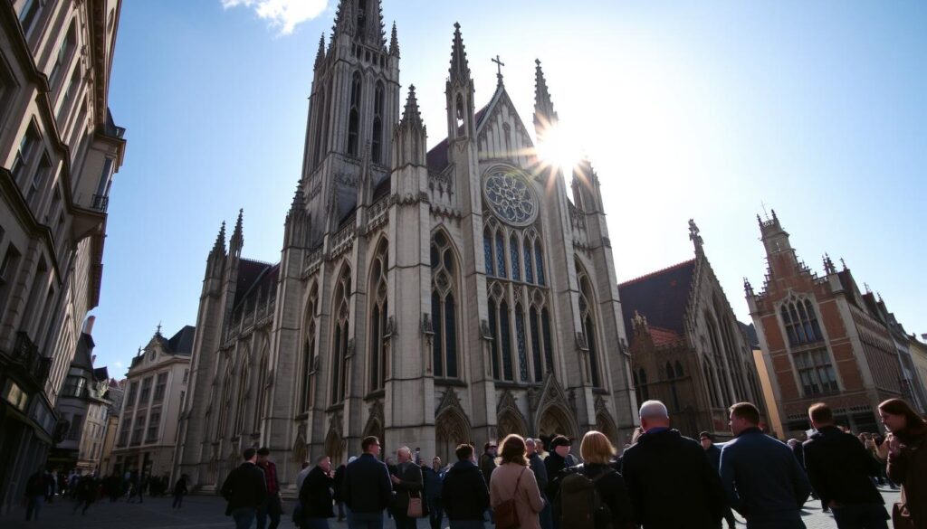 A towering Protestant church stands tall against the backdrop of Ghent's historic cityscape. The ornate Gothic architecture, with its intricate spires and buttresses, exudes an air of reverence and community. Sunlight filters through the stained glass windows, casting a warm glow upon the cobblestone streets and surrounding buildings. In the foreground, a group of locals gathers, engaged in lively conversation, showcasing the vibrant spirit of the congregation. The scene evokes a sense of timelessness, where the church's enduring presence is a testament to the resilience and faith of the Ghent community.