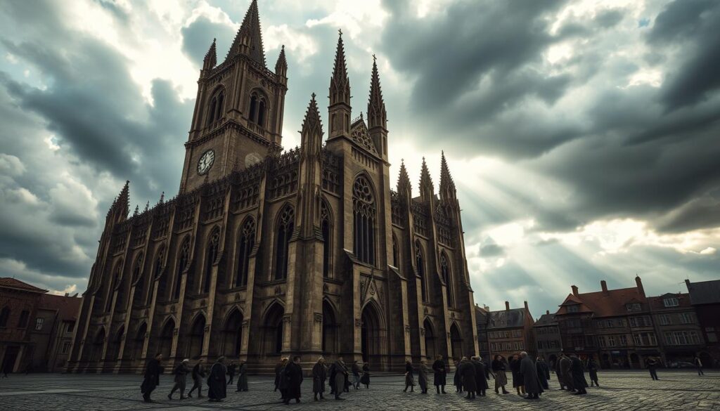 A towering medieval cathedral stands proudly against a cloudy, moody sky. The ornate Gothic architecture, with its soaring spires and intricate stone carvings, casts long shadows across the cobblestone square. Sunlight filters through stained glass windows, casting a warm, ethereal glow over the scene. In the foreground, a group of villagers gathers, their simple clothing and postures reflecting the hardships and uncertainty of life in this era. The overall atmosphere evokes a sense of reverence, history, and the impending changes that will soon sweep through this region.