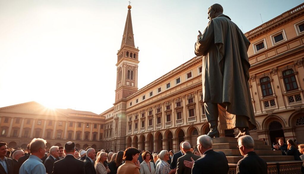 A towering steeple pierces the golden-hued skyline, surrounded by a vibrant community gathered in the piazza. Sunlight filters through the grand Renaissance architecture, illuminating the faces of leaders engaged in thoughtful discussion. In the foreground, a statue of a revered figure stands tall, their gaze inspiring those who pass. The scene exudes a sense of historical significance and civic pride, capturing the essence of Florence's rich Protestant heritage and the enduring spirit of its people.