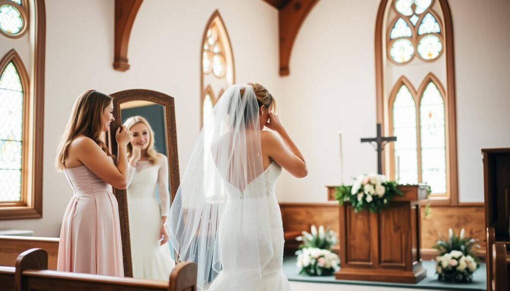 A tranquil Lutheran church interior, natural light streaming through stained glass windows, illuminating a bride in a delicate lace gown carefully adjusting her veil before a full-length mirror. Her attendants, dressed in soft pastels, offer gentle guidance and support. In the background, a wooden altar adorned with simple, elegant floral arrangements stands ready to host the sacred ceremony. The atmosphere is one of reverence, anticipation, and the profound joy of two lives uniting in faith.