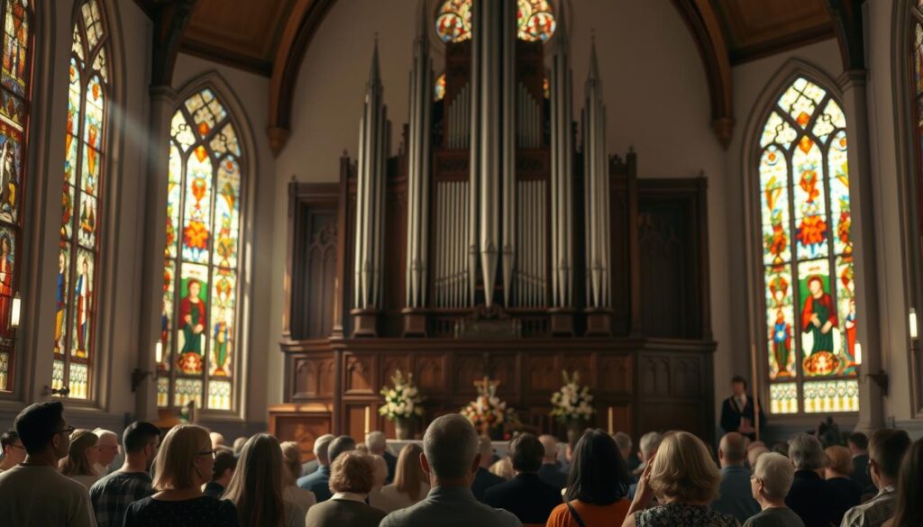 A tranquil Lutheran sanctuary, its stained-glass windows casting a warm glow. In the foreground, a group of worshippers gathers, their faces uplifted in reverence, as they celebrate the lives of revered saints. The altar is adorned with intricate carvings and flowers, a testament to the rich tradition of the faith. The middle ground features a choir, their voices blending in harmonious hymns. In the background, a towering pipe organ dominates the scene, its majestic pipes reaching towards the heavens. The lighting is soft and diffused, creating an atmosphere of contemplation and serenity. The overall scene evokes a sense of timeless devotion and the enduring presence of Lutheranism in the modern world.