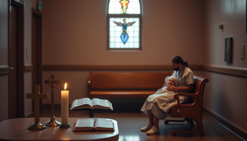 A tranquil chapel interior with soft, warm lighting casting a serene glow. In the foreground, a small table holds a Bible, a cross, and a lit candle, signifying a space for quiet reflection and spiritual care. The middle ground features a simple, wooden pew where a nurse in scrubs sits, offering comfort and support to a patient in a hospital gown. In the background, a stained-glass window filters in natural light, creating a calming, holy atmosphere. The scene conveys the intersection of emergency medical care and the provision of spiritual resources for those in need.