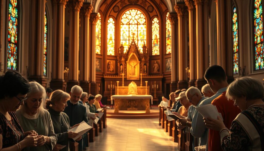 A tranquil church interior, bathed in warm, diffused lighting from stained glass windows. In the foreground, a group of people engaged in acts of service - feeding the hungry, clothing the poor, ministering to the sick. Their expressions reflect a sense of purpose and devotion. In the middle ground, an altar adorned with sacred symbols, a symbol of the sacraments. The background features ornate architecture, columns, and intricate religious iconography, conveying the solemn and reverent atmosphere of the space. The overall composition evokes a harmonious blend of spirituality, compassion, and the sacraments of service that are central to the Catholic faith.