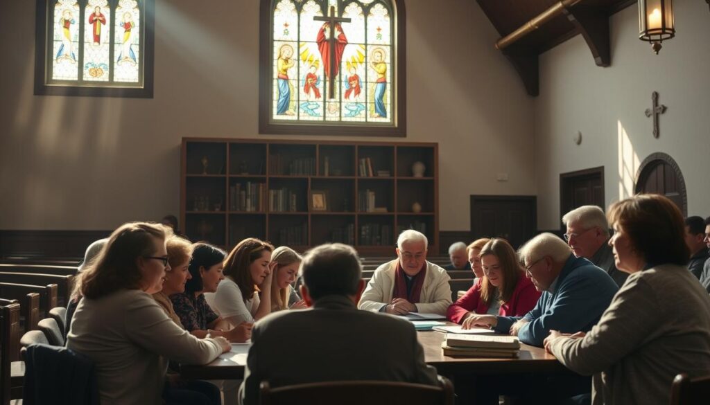 A tranquil church interior, sunlight streaming through stained glass windows, casting a warm glow upon a group of people earnestly collaborating around a table. In the foreground, diverse members of the congregation - young and old, clergy and laypeople - engaged in thoughtful discussion, their faces alight with purpose. In the middle ground, shelves of books and religious artifacts suggest the depth of their mission and ministries. The background softly fades, hinting at the expansive reach of their community outreach. The scene conveys a sense of unity, dedication, and a shared commitment to serving their faith and their community.