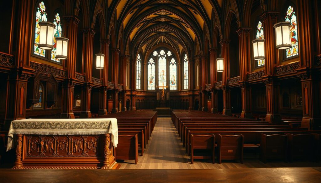 A tranquil interior of a Lutheran church, illuminated by warm, diffused lighting filtering through stained glass windows. In the foreground, an ornate altar with a simple cross, symbolizing the core principles of Lutheran theology. In the middle ground, wooden pews arranged in orderly rows, conveying a sense of community and congregation. The background features intricate architectural details, such as vaulted ceilings and ornate pillars, evoking the rich heritage and tradition of the Lutheran faith. The overall atmosphere is one of reverence, contemplation, and a deep connection to the divine.