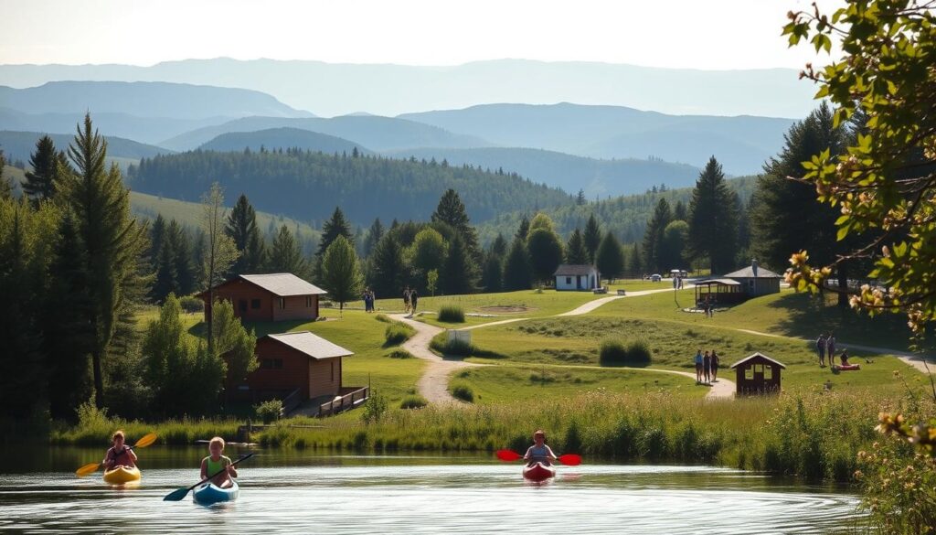 A tranquil outdoor scene at a Lutheran summer camp, bathed in warm afternoon sunlight. In the foreground, children engage in various activities - some kayaking on a serene lake, others hiking along a winding trail through verdant forests. In the middle ground, a collection of rustic cabins and open-air pavilions nestled among the trees, their wood-paneled exteriors reflecting the natural surroundings. In the background, rolling hills dotted with wildflowers stretch out towards a hazy horizon, creating a sense of peaceful isolation. The overall atmosphere conveys the spirit of adventure, community, and connection with nature that defines the Lutheran Outdoor Ministries Center's camp programs and retreats.