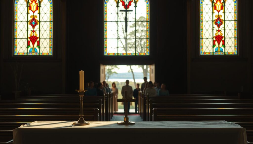 A tranquil sanctuary with stained glass windows casting a warm glow onto the wooden pews. In the foreground, a simple yet elegant altar with a cross, candlesticks, and a draped cloth. The middle ground features a group of worshippers gathered in reverent contemplation, their faces reflecting the peaceful ambiance. The background depicts a serene landscape outside, with trees and a clear sky visible through the windows, creating a sense of connection between the spiritual and natural realms. The lighting is soft and diffused, evoking a contemplative and inviting atmosphere.
