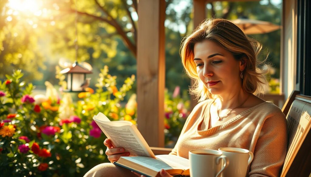 A tranquil scene of a woman quietly reading her Bible on a sun-dappled porch, soft light filtering through the trees. In the background, a lush garden bursting with vibrant flowers and a bird feeder where feathered friends flutter. The woman's face is serene, radiating an inner peace as she meditates on the devotional text. Warm, earthen tones create a comforting, inviting atmosphere. A cup of steaming tea sits beside her, a symbol of the daily rituals that ground her faith. Captured with a shallow depth of field, the focus draws the viewer into this intimate moment of spiritual reflection and the grace found in the simple, everyday moments of life.