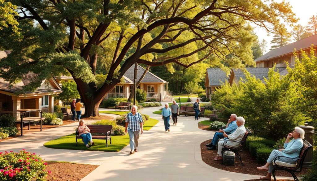A tranquil senior care community nestled among lush gardens and towering trees. A warm, inviting atmosphere with well-manicured paths, cozy seating areas, and residents enjoying leisurely activities. The scene is bathed in soft, natural lighting, captured through a wide-angle lens to showcase the community's serene and welcoming ambiance. Elderly residents stroll or relax on benches, surrounded by the comforts of a nurturing environment that prioritizes their well-being and quality of life. This is a place of comfort, community, and the chance to embrace the joys of retirement.