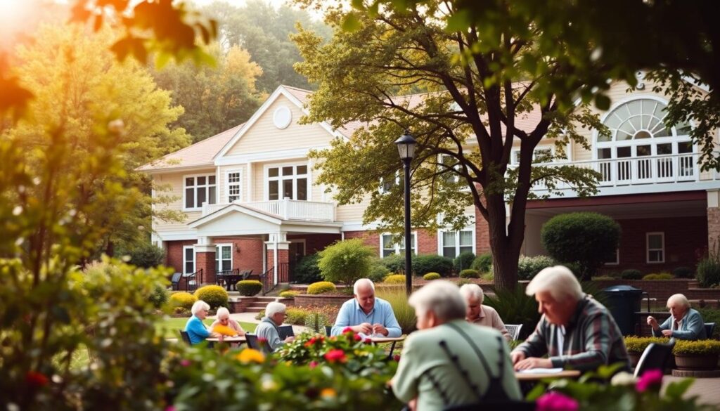 A tranquil senior living community nestled amidst lush greenery, with a warm, inviting atmosphere. In the foreground, a group of active seniors engaged in leisurely activities, such as gardening or playing board games. The middle ground features a modern, well-appointed assisted living facility with a welcoming entrance and elegant architectural details. In the background, a memory care unit with a serene, secure outdoor space, where residents can wander safely. Soft, natural lighting filters through the scene, creating a calming, nurturing ambiance. The overall composition conveys a sense of comfort, security, and community, reflecting the ideal of a Lutheran retirement home.