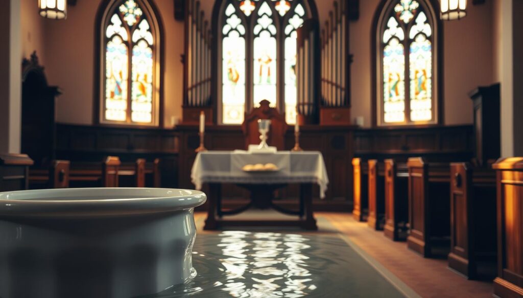 A tranquil, softly lit scene of a traditional Lutheran church interior. In the foreground, a baptismal font with clear, gently rippling water stands prominently. Behind it, an ornate altar with simple, elegant communion elements - a silver chalice and a platter of unleavened bread. Warm, golden light filters through stained glass windows, casting a serene ambiance. Wooden pews and a pipe organ in the background suggest a solemn, reverent atmosphere, capturing the essence of Lutheran sacraments of baptism and communion.